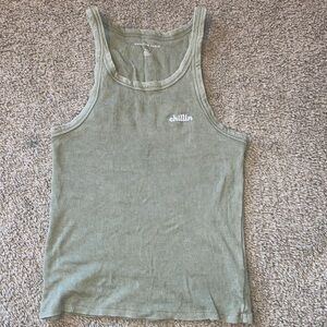 American Eagle- Olive Green Ribbed Tank, “chillin” embroidery white, size M